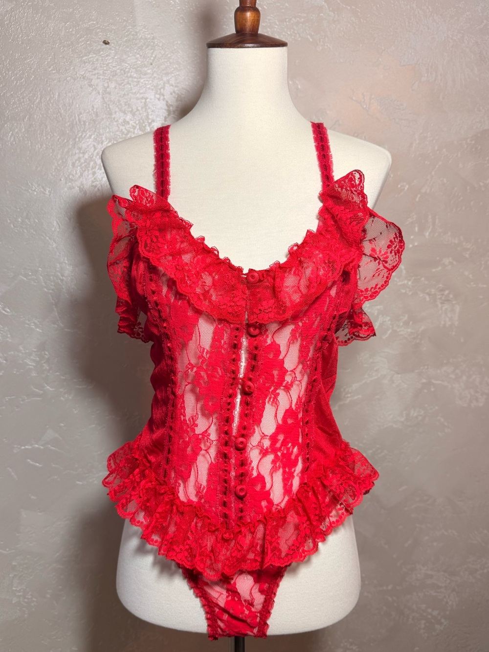 Vintage 1970s–80s Red Lace Teddy Bodysuit | Ruffled  Nylon Lingerie Size medium